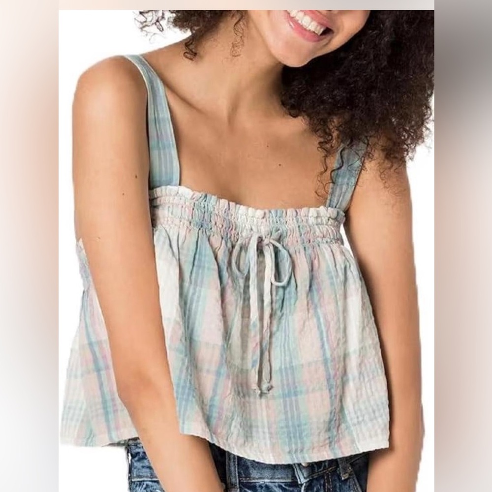 American Eagle Cropped Plaid Tank Top with Drawstring, Great Condition